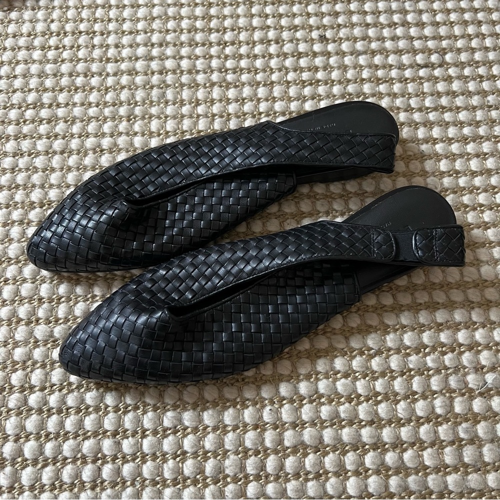 Brand new Rouje black woven leather pointed-toe slingback flats